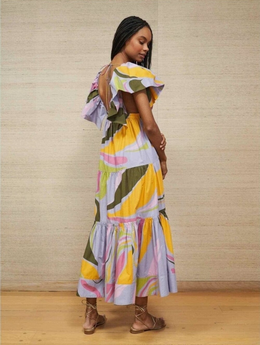La Ligne Multicolor Tiered Flutter Maxi Dress in Yellow, Lilac & Olive - Picture 2 of 10
